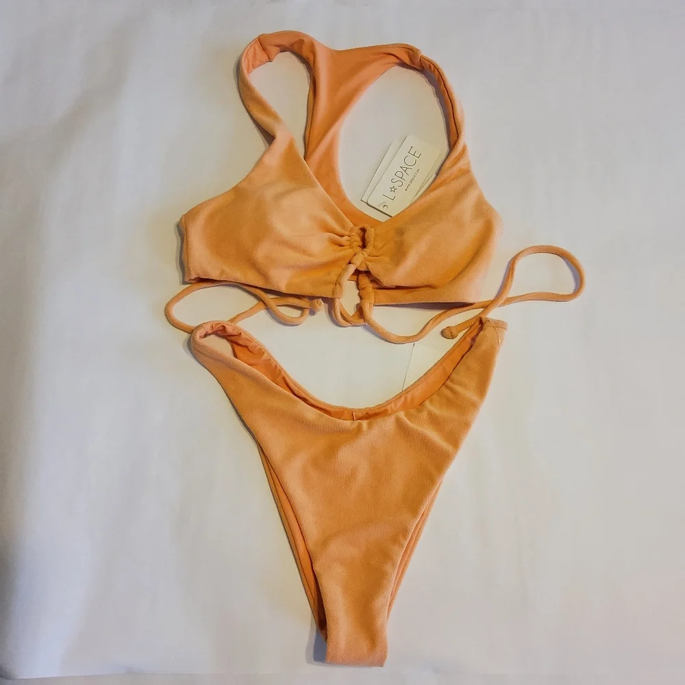 L*Space Tangy Terry Dax & Cabana Bikini Swimsuit Set Orange Size S/M NWT